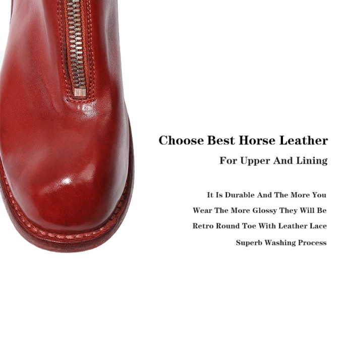 Goodyear Welt Horse Leather Ankle Boots Front Zip Calf-Length Army Boots For Women in Black/White/Red