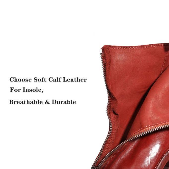 Goodyear Welt Horse Leather Ankle Boots Front Zip Calf-Length Army Boots For Women in Black/White/Red