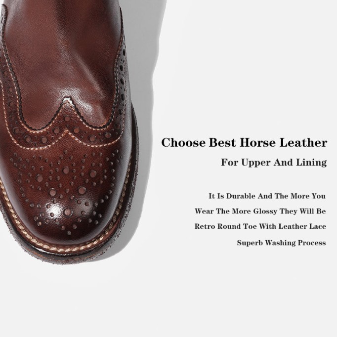 Goodyear Welt Brogue Boots Horse Leather Chelsea Boots For Women Leather Sole