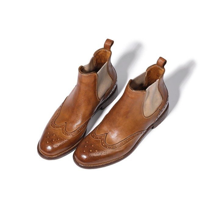 Goodyear Welt Brogue Boots Horse Leather Chelsea Boots For Women Leather Sole