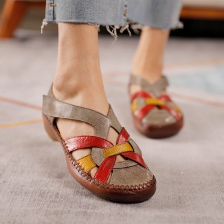 Retro Woven Leather Shoes For Women Soft Bottom Colorful Sandals Grey/Blue