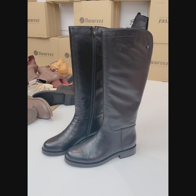 Handmade Soft Leather Knee High Boots Side Zip Riding Boots Black Short Plush