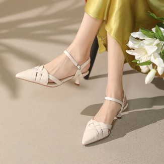 Point Toe Genuine Leather Slingback Stiletto Sandals in White/Black/Apricot