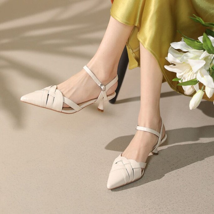 Point Toe Genuine Leather Slingback Stiletto Sandals in White/Black/Apricot