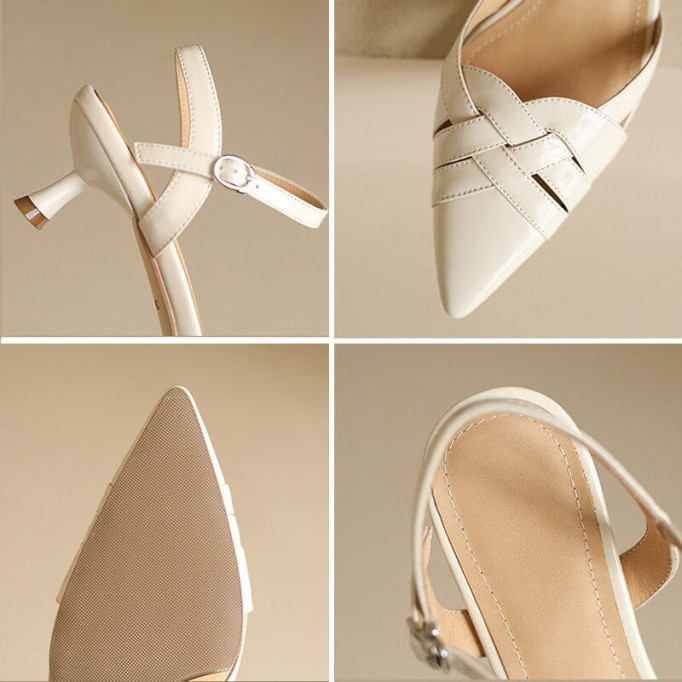 Point Toe Genuine Leather Slingback Stiletto Sandals in White/Black/Apricot