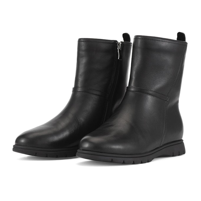 Women Retro Leather Soft Mid Calf Boots for Cold Winter Short Plush Lining Black