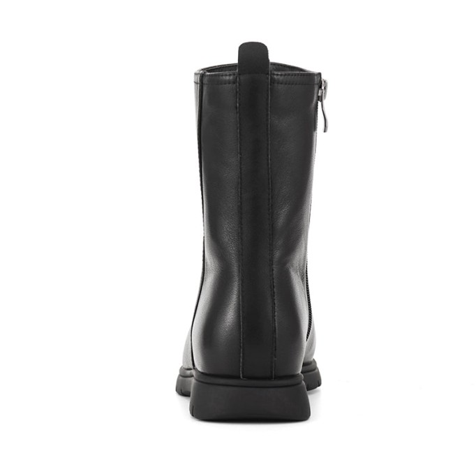 Women Retro Leather Soft Mid Calf Boots for Cold Winter Short Plush Lining Black