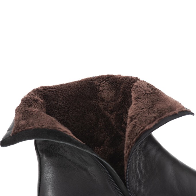 Women Retro Leather Soft Mid Calf Boots for Cold Winter Short Plush Lining Black