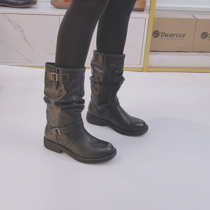 Waxing Leather Mid Calf Boots Fold Design Riding Boots Short Plush Lined Or Leather For Choice Apricot/Brown/Black