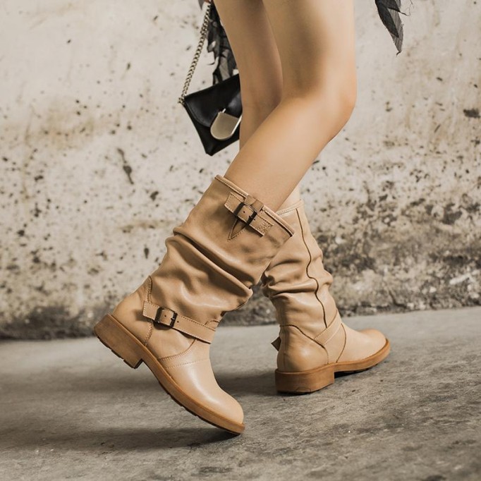 Waxing Leather Mid Calf Boots Fold Design Riding Boots Short Plush Lined Or Leather For Choice Apricot/Brown/Black