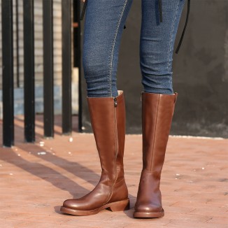 Handmade Soft Leather Knee High Boots Side Zip Riding Boots Short Plush Lining in Black/Brown