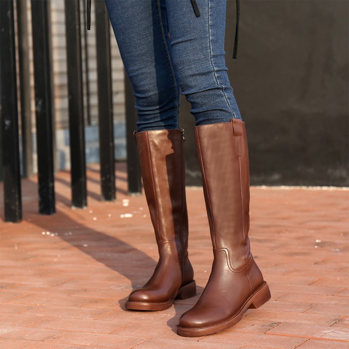 Handmade Soft Leather Knee High Boots Side Zip Riding Boots Short Plush Lining in Black/Brown