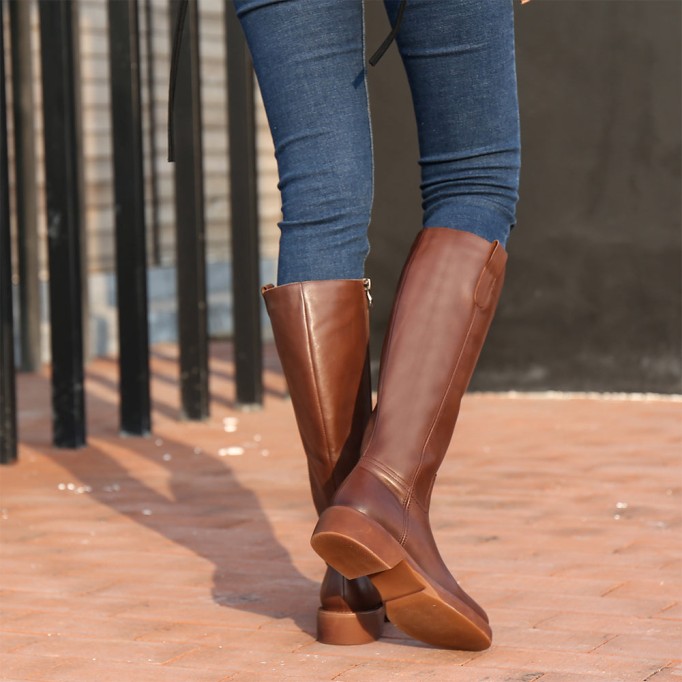 Handmade Soft Leather Knee High Boots Side Zip Riding Boots Short Plush Lining in Black/Brown