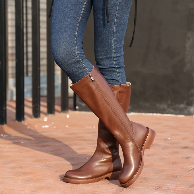 Handmade Soft Leather Knee High Boots Side Zip Riding Boots Short Plush Lining in Black/Brown