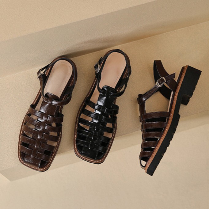 Leather Fisherman Platforms Sandal in Black/Coffee Handmade