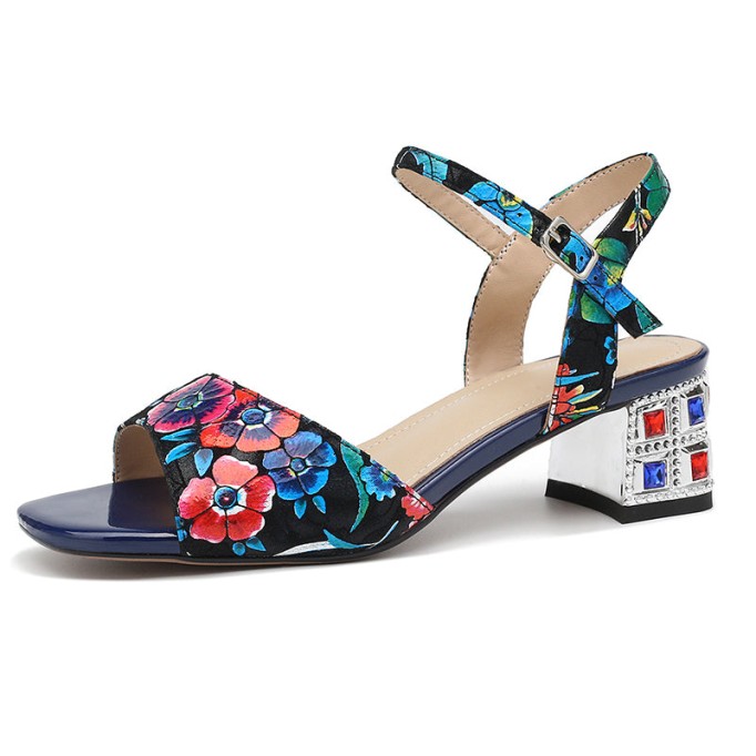 Block Heel Leather sandal in Blue/Red