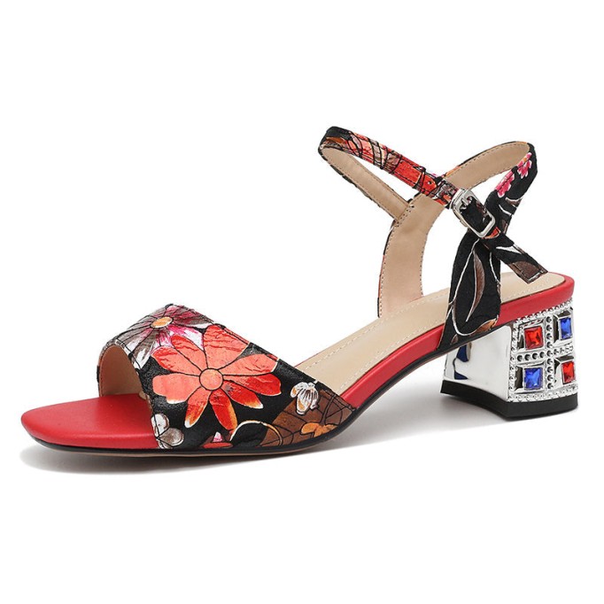 Block Heel Leather sandal in Blue/Red