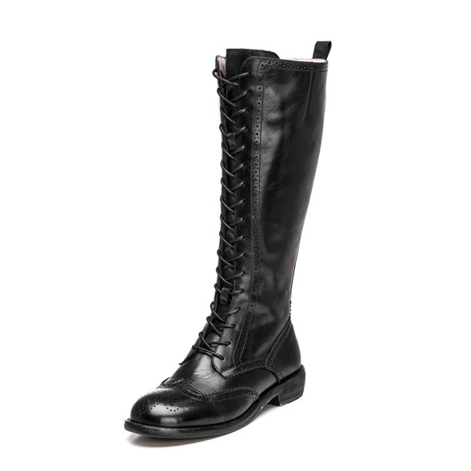 Handmade Wingtip Lace up Leather Knee High Boots Side Zip Riding Boots Short Plush Lining in Black/Coffee