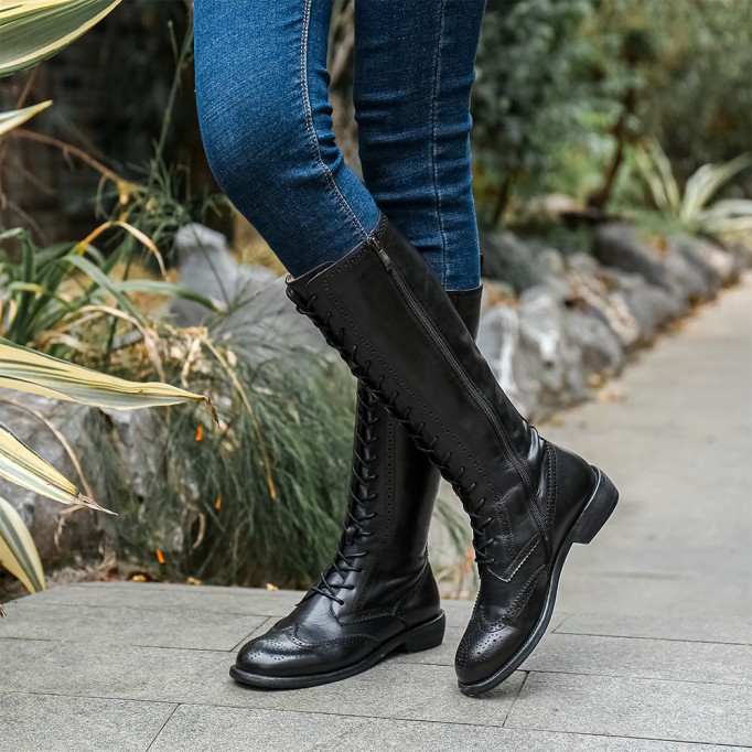 Handmade Wingtip Lace up Leather Knee High Boots Side Zip Riding Boots Short Plush Lining in Black/Coffee