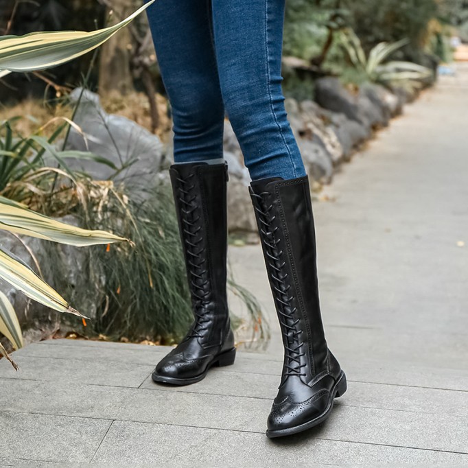 Handmade Wingtip Lace up Leather Knee High Boots Side Zip Riding Boots Short Plush Lining in Black/Coffee