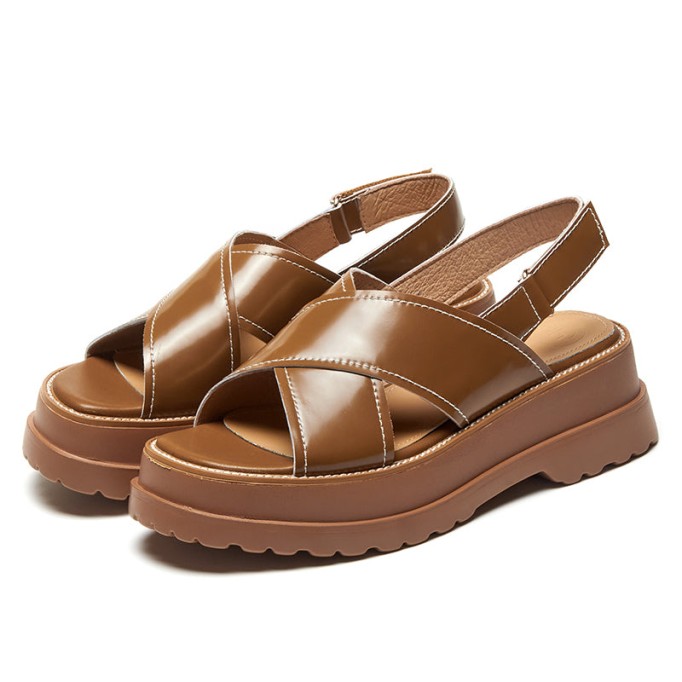 Retro Chunky Leather Strappy Sandals in Brown/White - Womens Platform Slingback