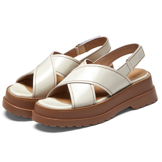 Retro Chunky Leather Strappy Sandals in Brown/White - Womens Platform Slingback