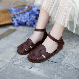 Handmade Gladiator Sandals Women Genuine Cow Leather Weave Cover Heel Buckle Strap Rome Summer Casual Lady Flat Shoes