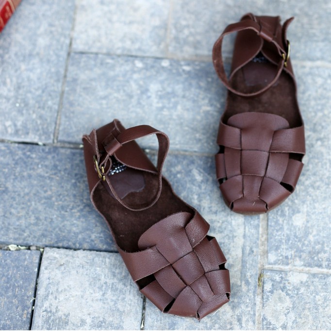 Handmade Gladiator Sandals Women Genuine Cow Leather Weave Cover Heel Buckle Strap Rome Summer Casual Lady Flat Shoes