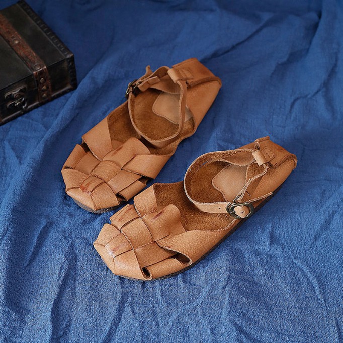 Handmade Gladiator Sandals Women Genuine Cow Leather Weave Cover Heel Buckle Strap Rome Summer Casual Lady Flat Shoes