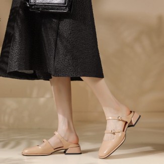 Leather Slingback Mary Jane Pumps Double Strap Block Heel Office Shoes in Beige/Apricot