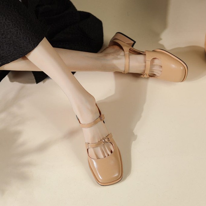 Leather Slingback Mary Jane Pumps Double Strap Block Heel Office Shoes in Beige/Apricot