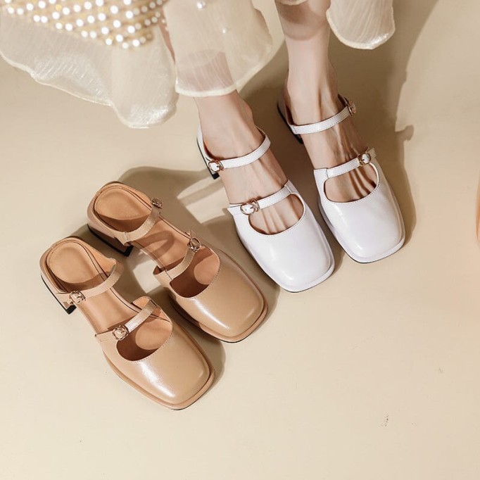 Leather Slingback Mary Jane Pumps Double Strap Block Heel Office Shoes in Beige/Apricot