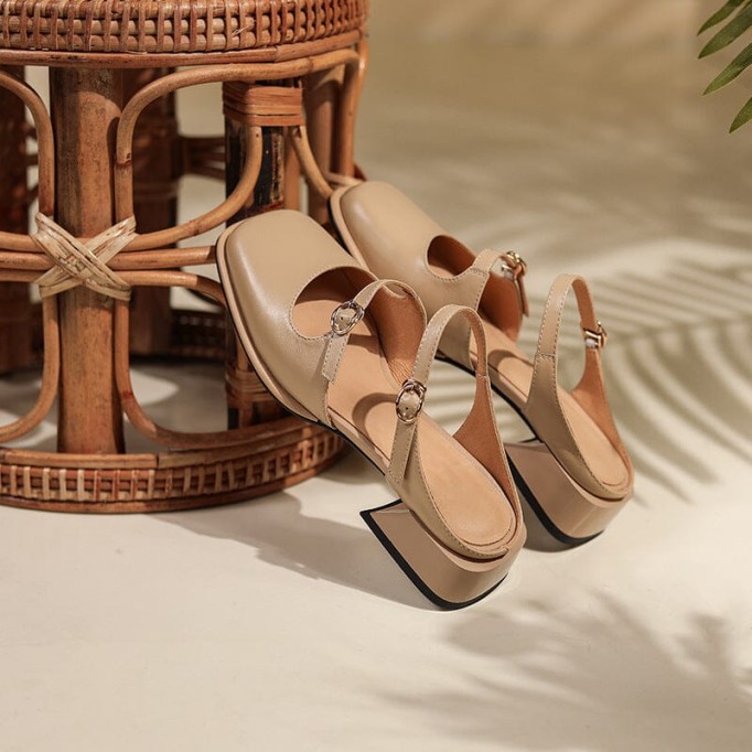 Leather Slingback Mary Jane Pumps Double Strap Block Heel Office Shoes in Beige/Apricot