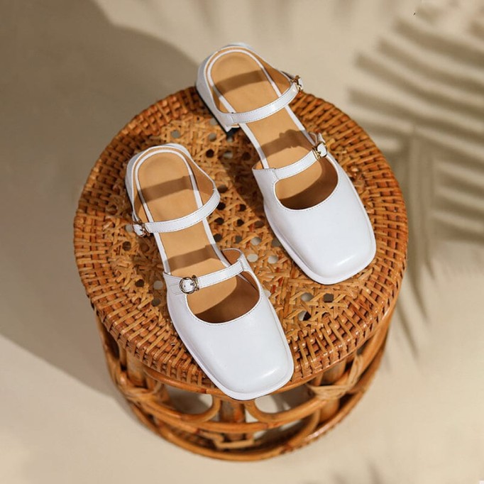 Leather Slingback Mary Jane Pumps Double Strap Block Heel Office Shoes in Beige/Apricot