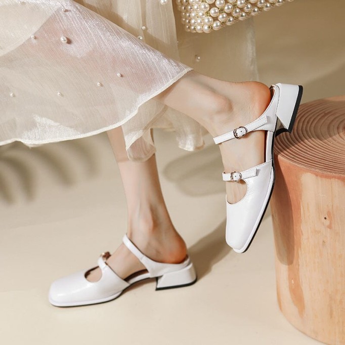 Leather Slingback Mary Jane Pumps Double Strap Block Heel Office Shoes in Beige/Apricot