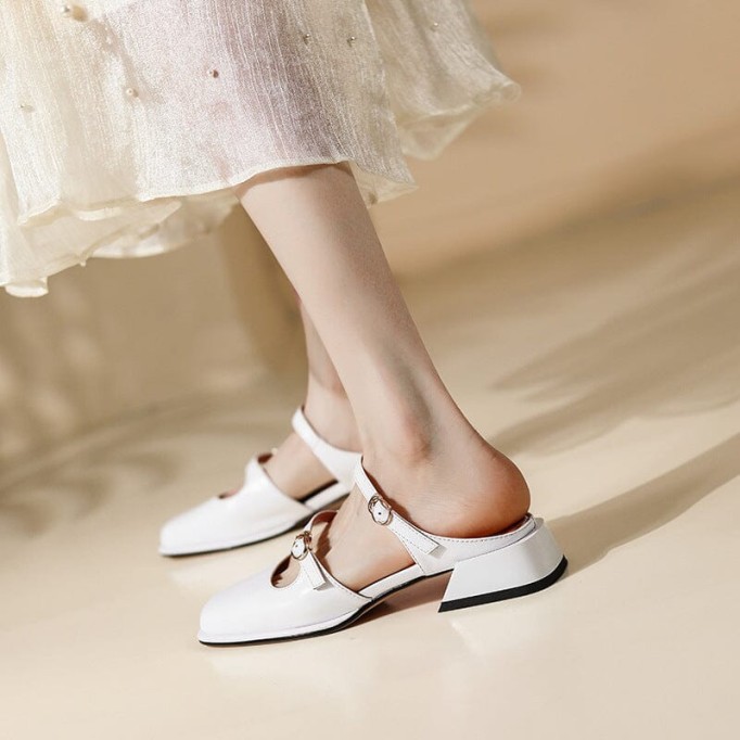 Leather Slingback Mary Jane Pumps Double Strap Block Heel Office Shoes in Beige/Apricot