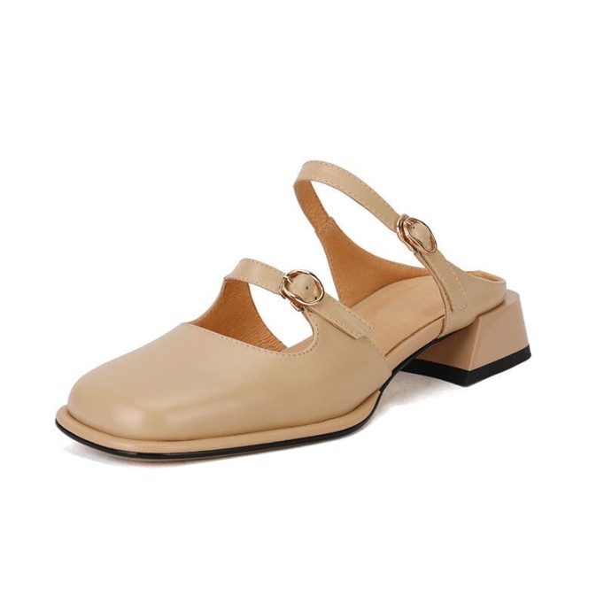 Leather Slingback Mary Jane Pumps Double Strap Block Heel Office Shoes in Beige/Apricot