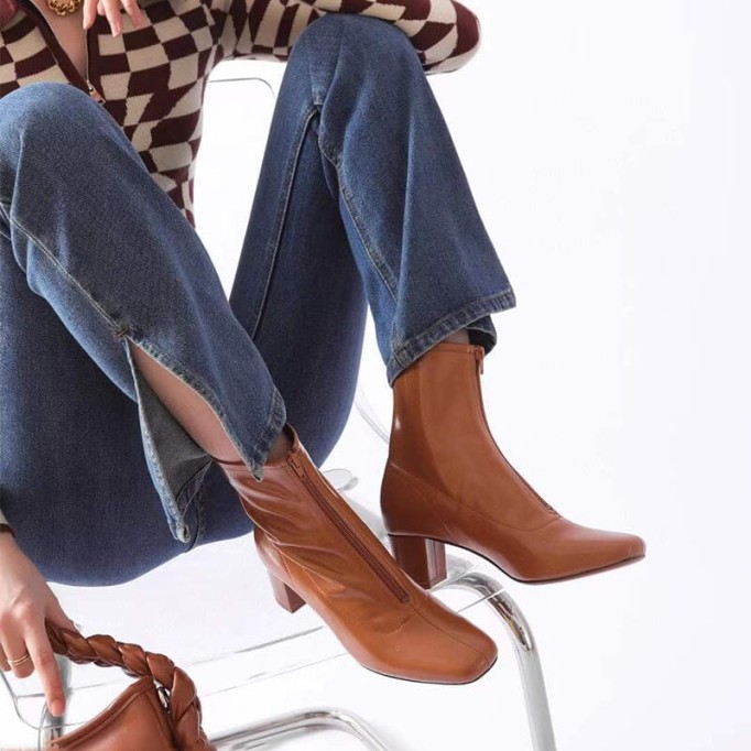 Classic Slimming Boots Elegant Glove-Like Ankle Boots High Heel Front Zipper Boots