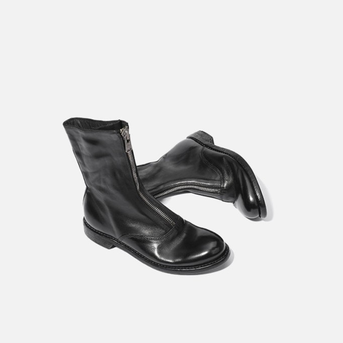 Goodyear Welt Horse Leather Ankle Boots Front Zip Calf-Length Army Boots For Women in Red/Black/White