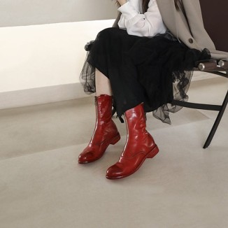 Goodyear Welt Horse Leather Ankle Boots Front Zip Calf-Length Army Boots For Women in Red/Black/White