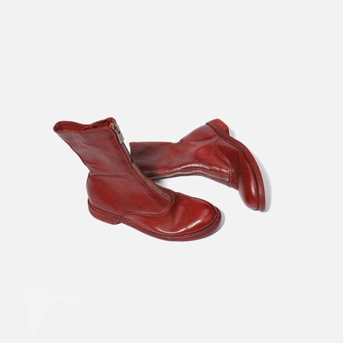 Goodyear Welt Horse Leather Ankle Boots Front Zip Calf-Length Army Boots For Women in Red/Black/White