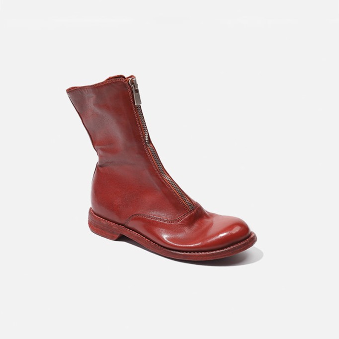 Goodyear Welt Horse Leather Ankle Boots Front Zip Calf-Length Army Boots For Women in Red/Black/White