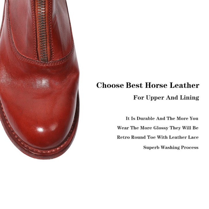 Goodyear Welt Horse Leather Ankle Boots Front Zip Calf-Length Army Boots For Women in Red/Black/White