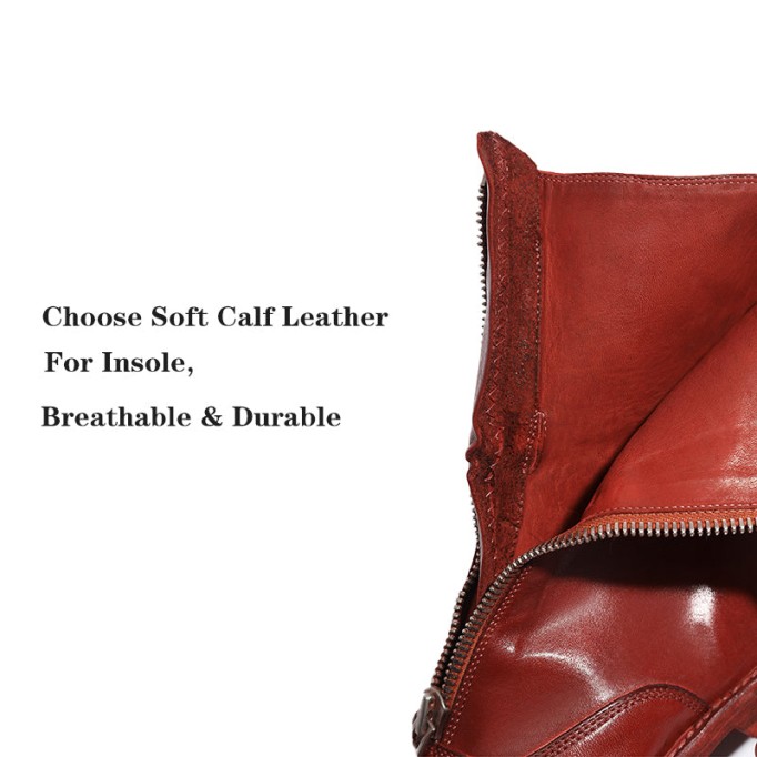 Goodyear Welt Horse Leather Ankle Boots Front Zip Calf-Length Army Boots For Women in Red/Black/White