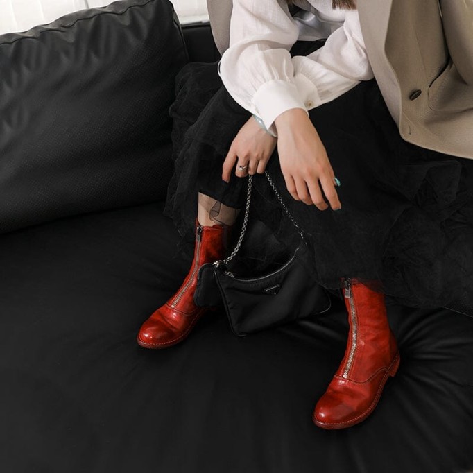 Goodyear Welt Horse Leather Ankle Boots Front Zip Calf-Length Army Boots For Women in Red/Black/White