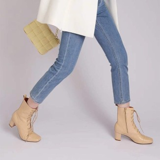 Lace-up Leather Ankle Boots Nude Slimming Boots Elegant Glove-Like Retro Boots Block Heel