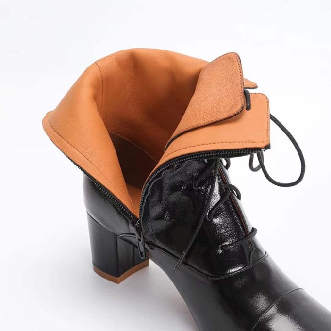 Lace-up Leather Ankle Boots Nude Slimming Boots Elegant Glove-Like Retro Boots Block Heel