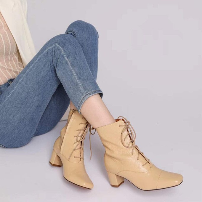Lace-up Leather Ankle Boots Nude Slimming Boots Elegant Glove-Like Retro Boots Block Heel