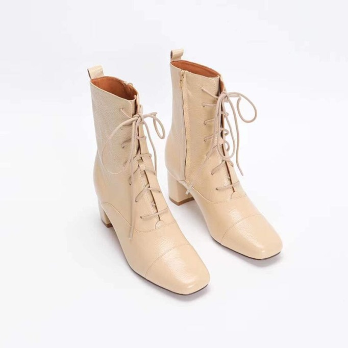 Lace-up Leather Ankle Boots Nude Slimming Boots Elegant Glove-Like Retro Boots Block Heel