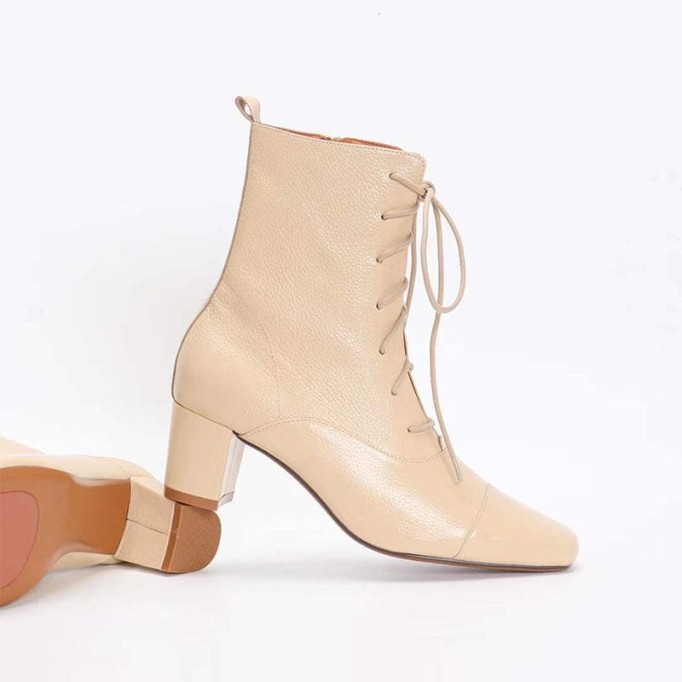 Lace-up Leather Ankle Boots Nude Slimming Boots Elegant Glove-Like Retro Boots Block Heel